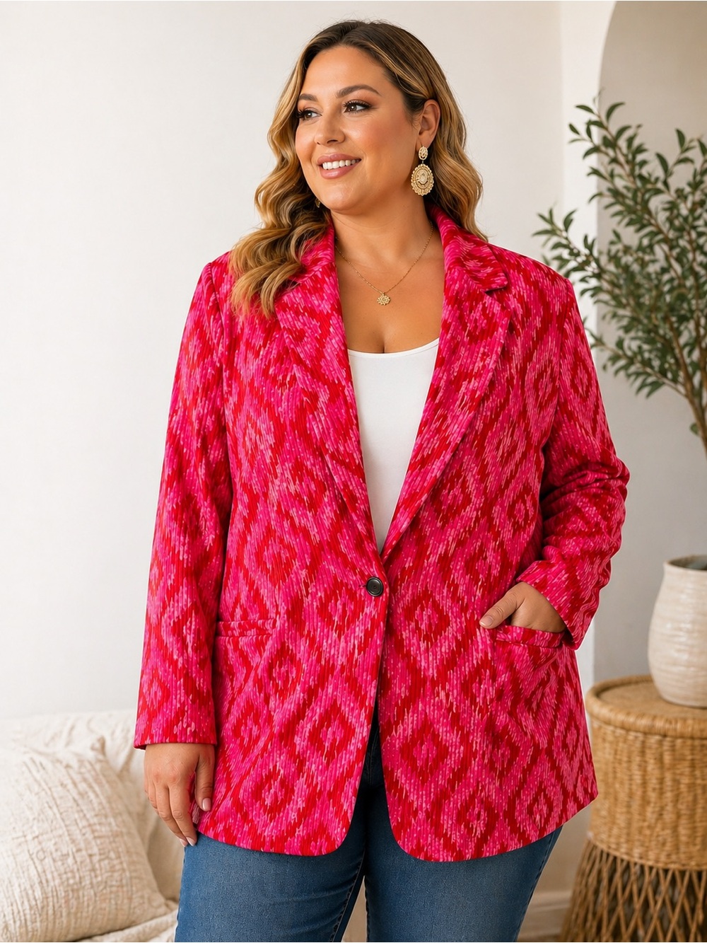 Savanna Jane Pink Ikat Blazer 2X NWT Textured Statement Jacket Boho Chic Plus